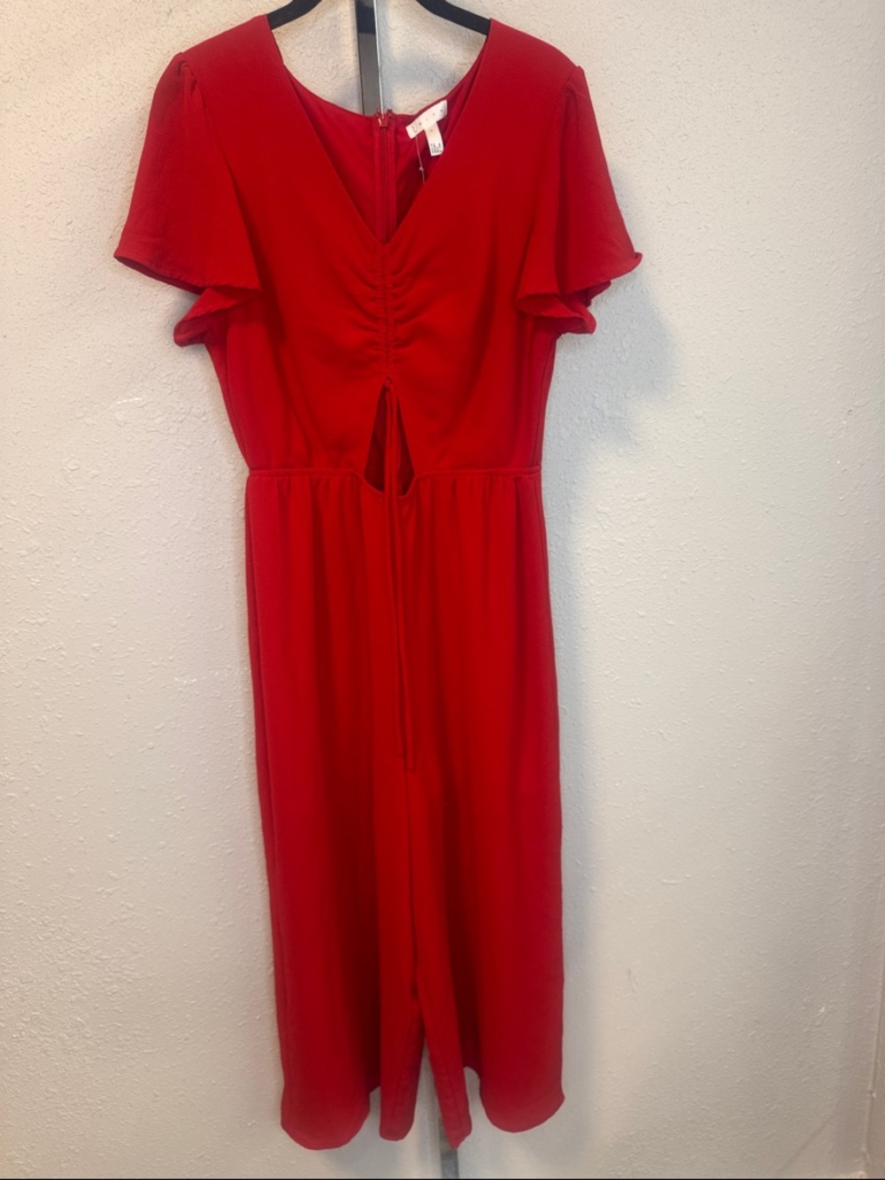 Leith Red Cinch Front Flutter Sleeve Crop Jumpsuit - Size Medium